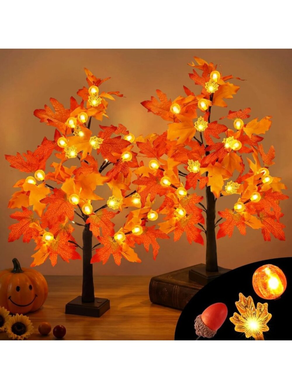 2-Pack Lighted Fall Tree with 48 LEDs, Battery Operated Pumpkin & Acorn Decor